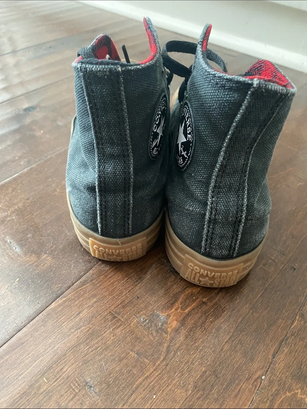 Converse Kids Black High-Top Sneakers with Red Plaid Lining